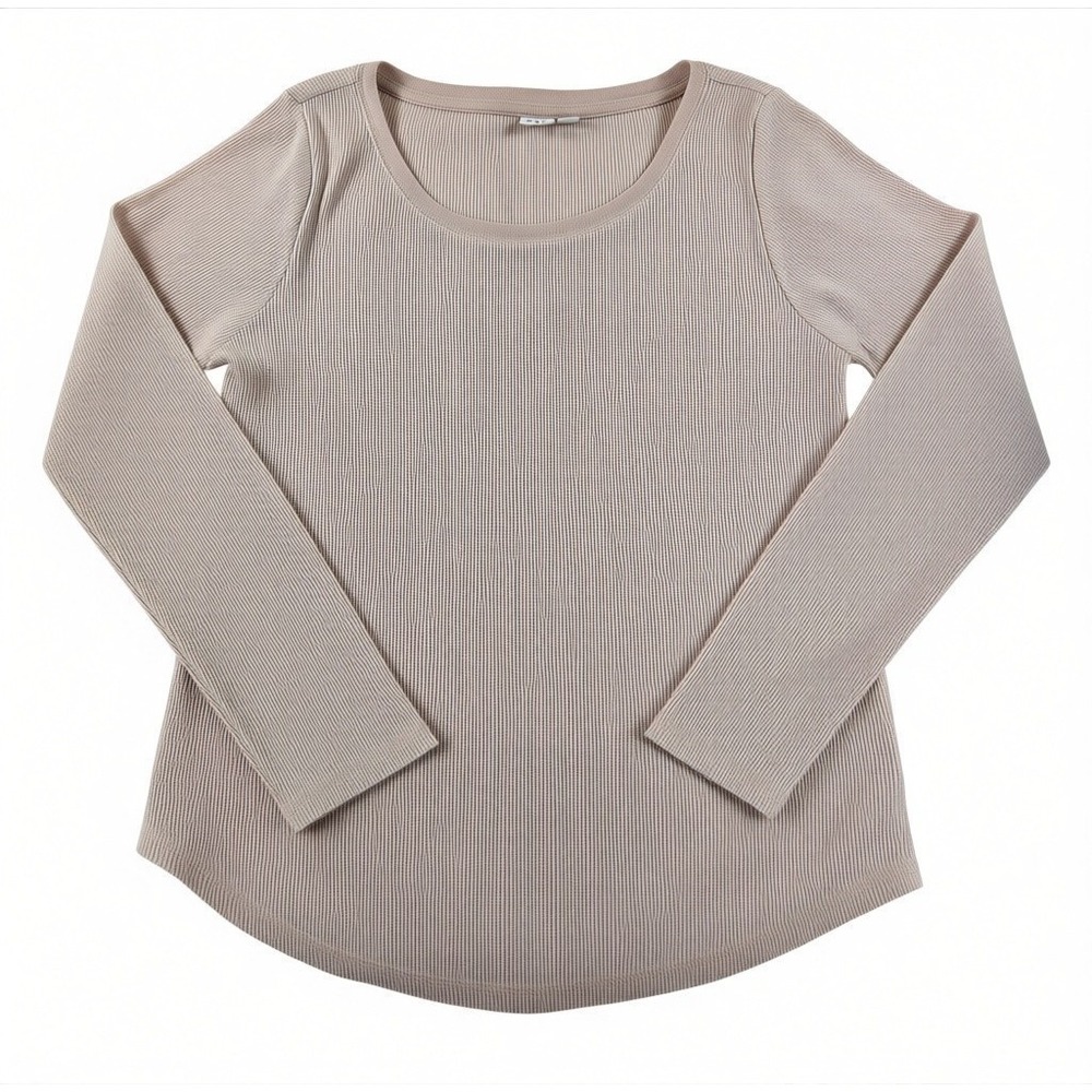 Gap Women Large Pink Ribbed Knit Long Sleeve Scoop Neck Curved Hem Top